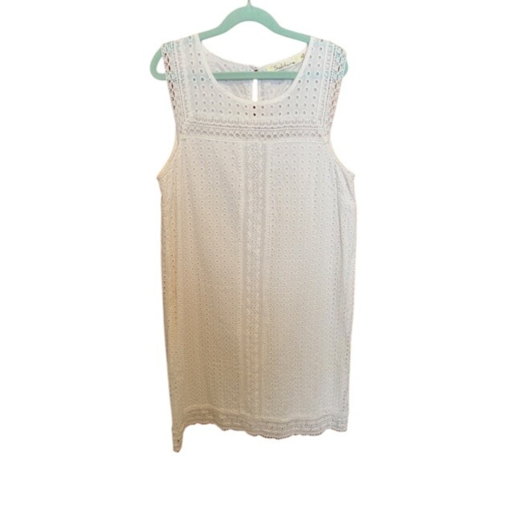 Solitaire White Eyelet Cotton Shift‎ Dress Sleeveless Crochet Lace SMALL